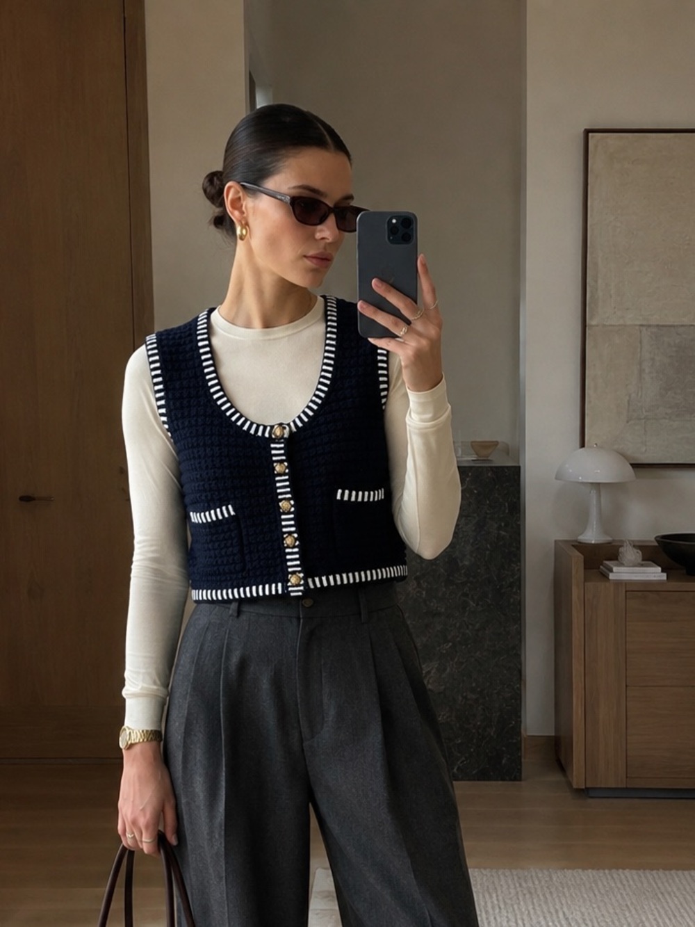 ba&sh Gustave Sleeveless Crochet Knit Vest Navy White Gold Buttons Size L NWT